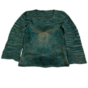 Hand Knit Boho Bell Sleeve Sweater - Teal Blue and White Size S/M